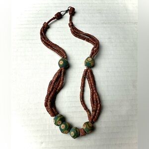Antique Venetian African Trade Bead Necklace Green Eye & Dark‎ Red Tube Beads